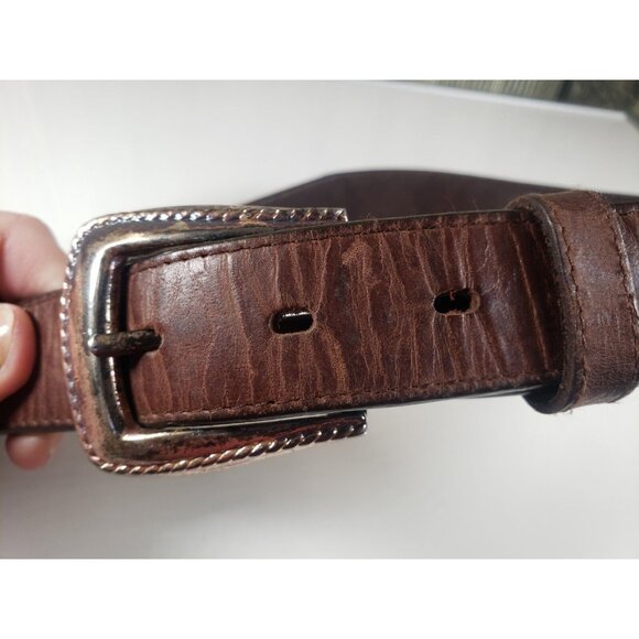 Nocona Western Genuine Leather Brown Belt Silver Buckle Embellishments Sz 28 - Picture 2 of 8